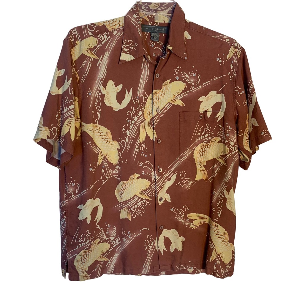 Tori Richard Honolulu Mens Medium 100% Silk Koi Fish Print Button Down Shirt Red